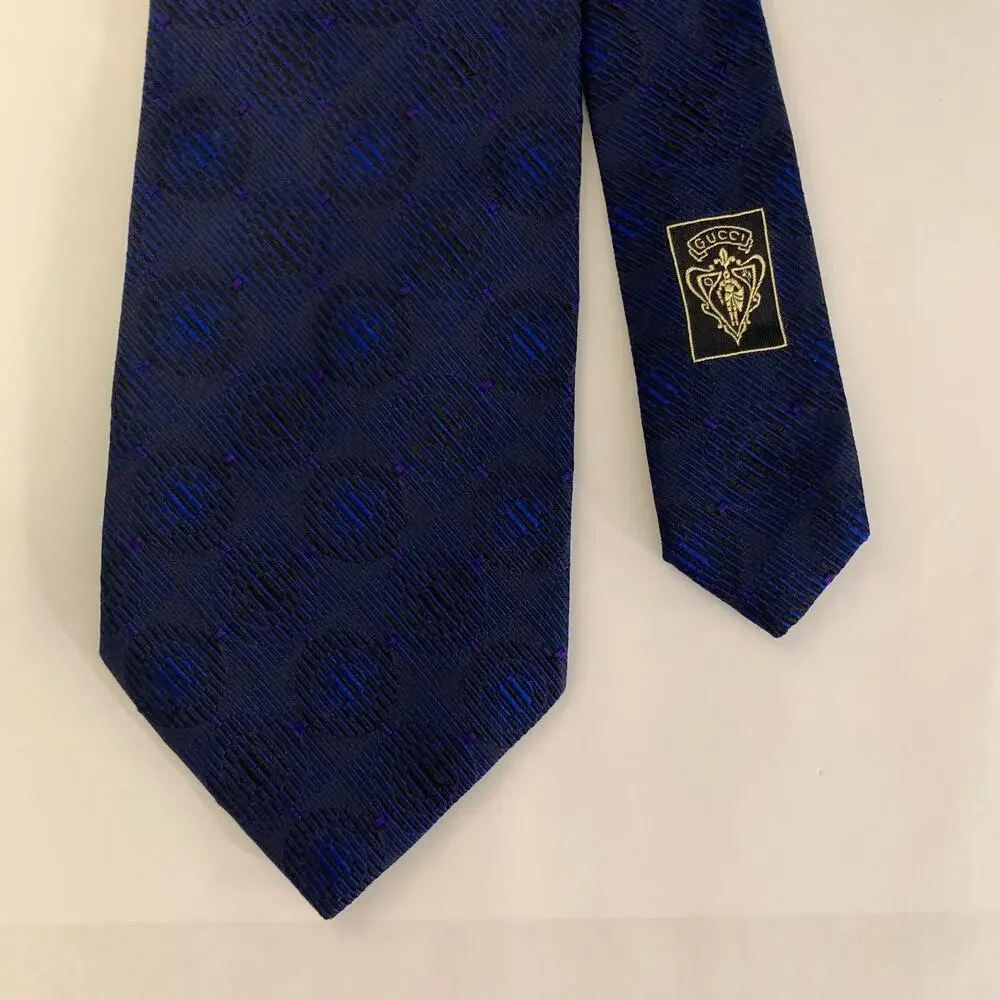 GUCCI Navy Blue Geometric Silk Jacquard Tie